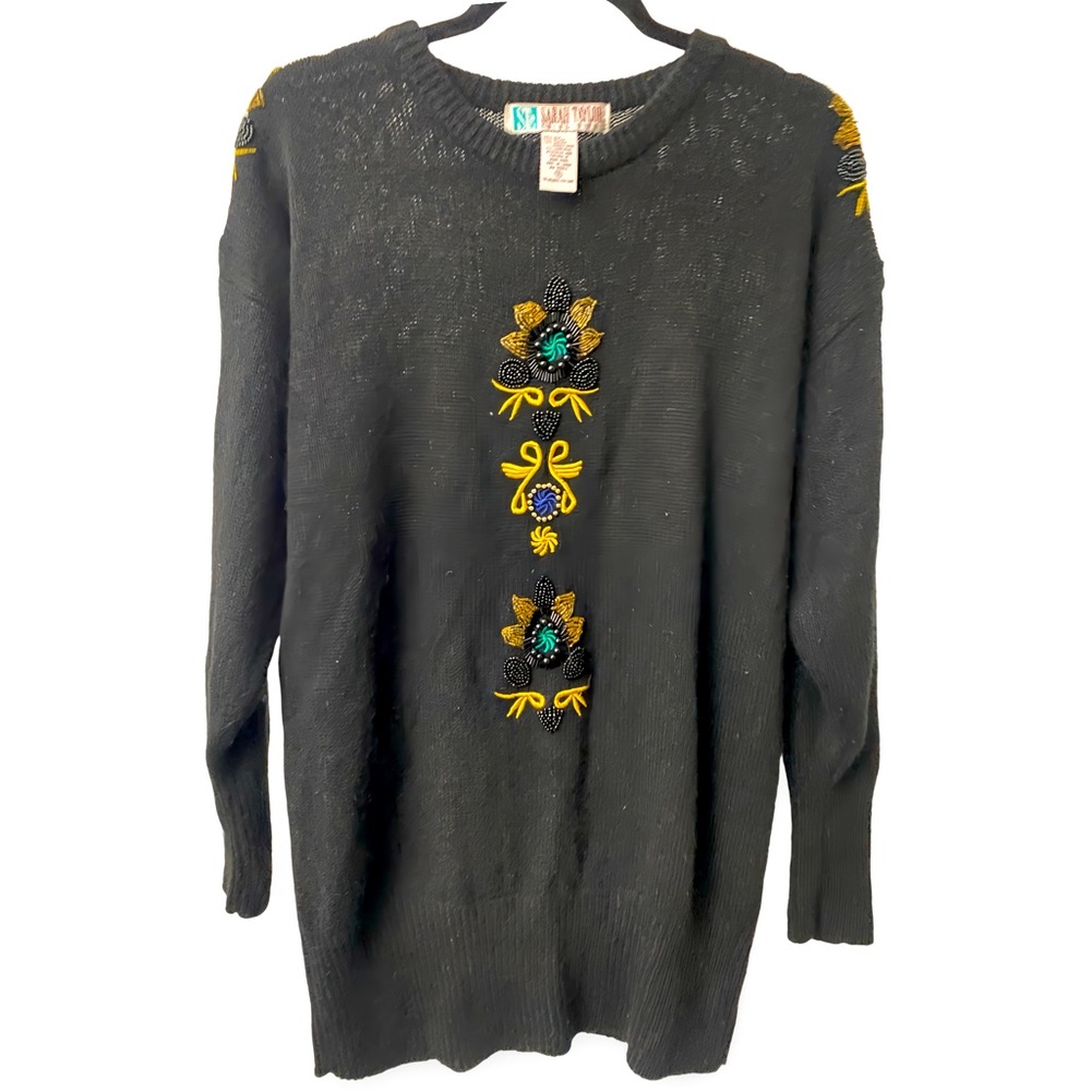 Vintage Black Knit Sweater Dress with Beaded and Embroidery Details Holiday Top